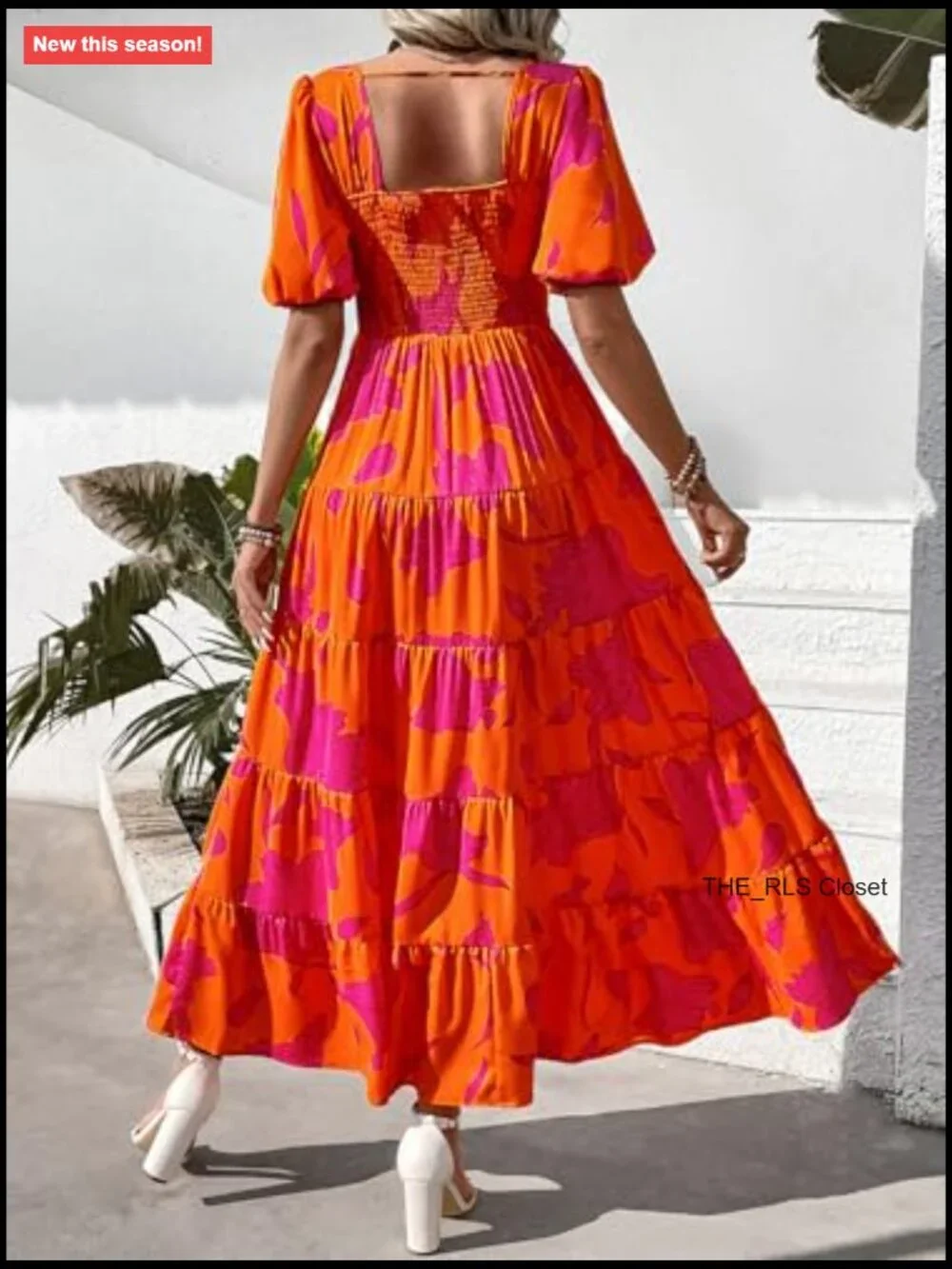 Puff Short Sleeve Scoop Neck Floral Maxi Dress with Tiered Hem - Picture 5 of 7